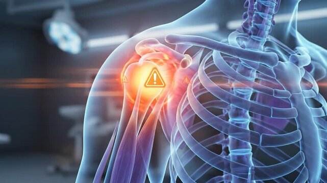3D medical animation shows a glowing shoulder joint with warning signs indicating a sports injury.