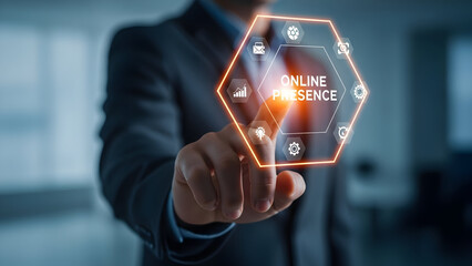 Business professional interacting with a digital interface highlighting online presence and digital strategy icons