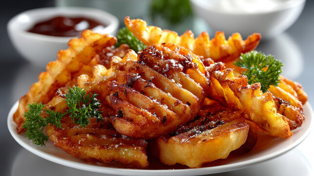 Pile of golden crispy crinkle cut Pommes Frites, French Fries or potato chips on a white background suitable for advertising and a menu