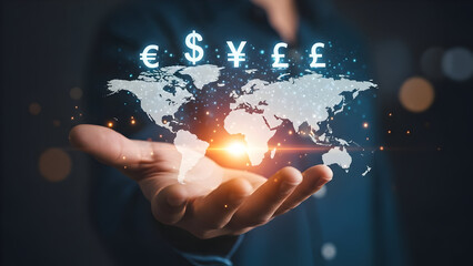 A hand holding a glowing world map with currency symbols above representing global finance and economic connection