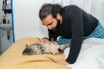 Person petting tabby cat lying on yellow blanket in bedroom.