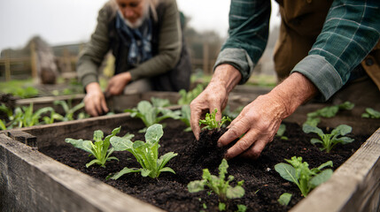 Fototapeta premium Seniors Hands planting vegetable seedlings in rich soil of raised beds as part of a community garden project promoting sustainability and healthy living
