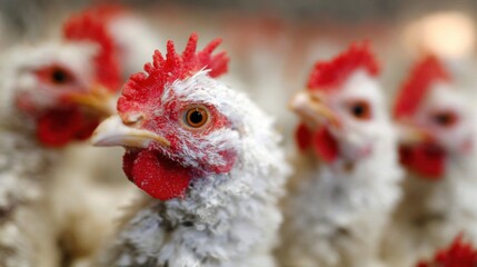 Chickens in a farm setting near a barn during midday