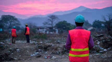 Workers in safety vests prepare for a clean-up project at sunset