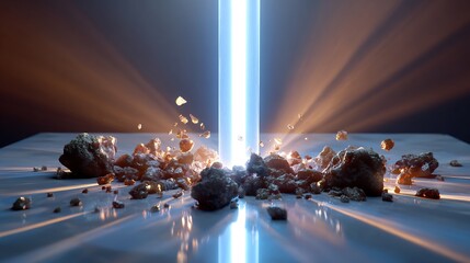 Glowing purity beam breaking corrupted dark particles above reflective desk, clean corporate mood lighting, 4k