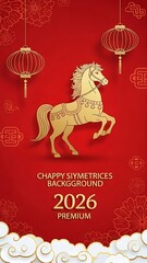 Celebrate the Year of the Horse 2026 with this beautiful Chinese New Year background featuring a golden horse, lanterns, auspicious clouds, and flowers on a rich red backdrop.
