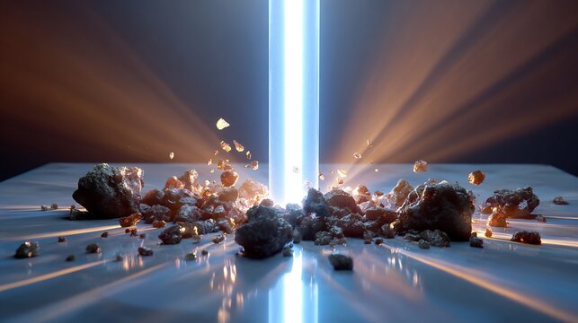 Glowing purity beam breaking corrupted dark particles above reflective desk, clean corporate mood lighting, 4k
