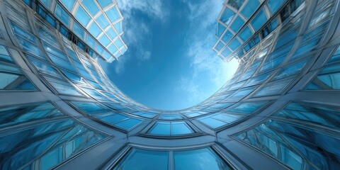Curved glass facade of modern building against blue sky