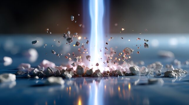Glowing purity beam breaking corrupted dark particles above reflective desk, clean corporate mood lighting, 4k
