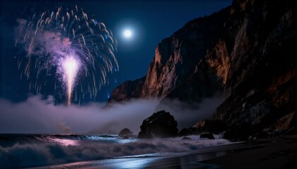 dramatic coastline cliffs lit by fireworks ocean waves highlighted night mist perfect for new year and christmas
