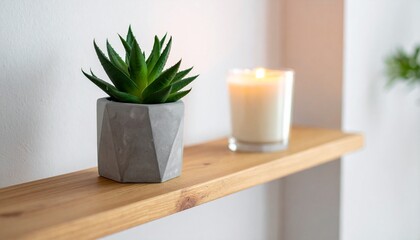 A minimalist home decor arrangement featuring a succulent plant in a geometric pot next to a lit candle on a wooden shelf