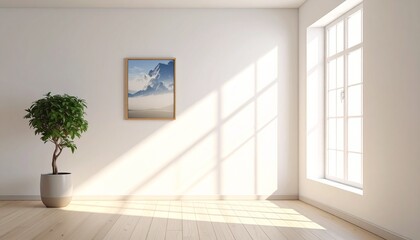 Serene room bathed in natural light with a potted plant and framed artwork casting gentle shadows