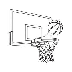 Continuous one line drawing of a basketball scoring a goal. Minimalist basketball hoop and ball illustration for sport concept.  © Journey