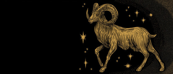 Golden Aries ram with detailed lines on black, created AI