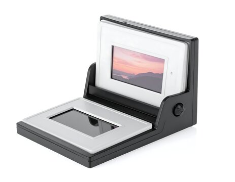 Black and silver slide scanner with a white-framed image on display