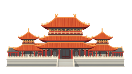 A detailed vector-style illustration of a traditional East Asian temple featuring layered red and gold rooftops, ornate architectural details, and a grand stairway entrance.  