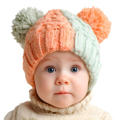 Cute Baby in Knitted Hat on White Background for Baby Product Advertisements