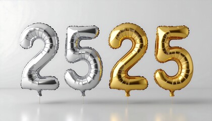 Shimmering gold and silver metallic helium balloons proudly display the numerical sequence 2525, perfect for marking a future date or a special anniversary milestone celebration