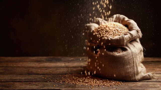 Grains spilling from a burlap sack on wooden table creating a rustic and warm atmosphere in a dimly lit setting
