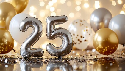 Silver number 25 foil balloons glowing amidst golden and white party balloons, sparkling confetti, and festive bokeh lights, symbolizing a joyous 25th anniversary or milestone