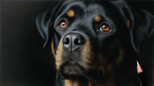 Realistic drawing of a rottweiler with detailed fur and expressive eyes, showcasing skill in pencil art