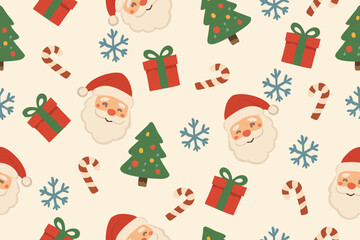 A festive Christmas pattern featuring cheerful Santa faces, decorated trees, gifts, candy canes, and snowflakes, creating a joyful holiday atmosphere.