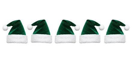 five identical luxurious emerald green velvet santa hats with white faux fur trims, flat lay on white background, sharp focus and subtle shadow. concept for winter holiday luxury retail