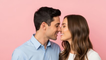 Man and woman touching noses with eyes closed, smiling on pink background. Cute couple in love showing affection for Valentines Day. Romantic portrait.