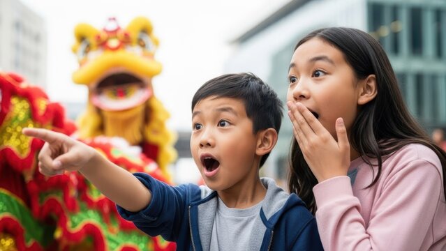 Young asian boy and girl with excited expression pointing at a lion dance performance, happy children reacting to a festive cultural event - Powered by Adobe