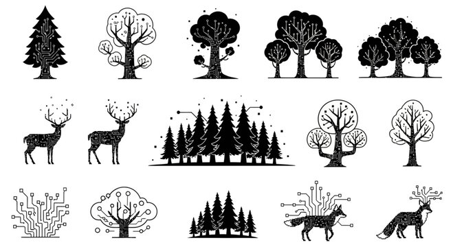 Modern forest tech: Trees and animals merge with technology's circuits in a unique, innovative fusion of nature and digital design perfect for any project