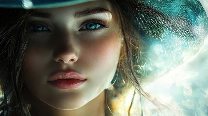 Woman portrait in blue and green light