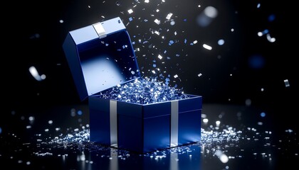 A magical midnight blue gift box opens with an explosion of shimmering glitter, scattering brilliant sparkles in a dark, mysterious setting, symbolizing surprise and luxury