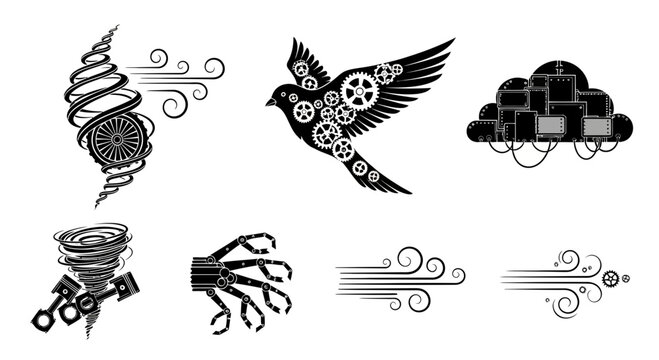 Dynamic steampunk elements including gears, tornadoes, robotic claws, and cloud technology for creative projects