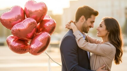 Woman and man embracing each other with many red heart balloons during sunset. Romantic couple on a date for Valentines Day. Love and celebration concept.