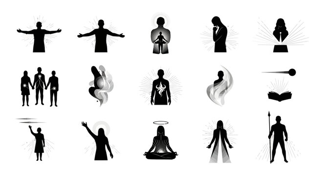 Inspiring human silhouettes embracing light and knowledge, representing growth, spirituality, and enlightenment for modern design projects