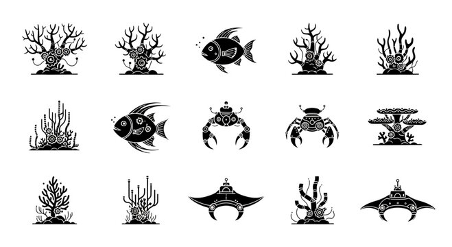 Whimsical underwater world icons feature robotic sea creatures and steampunk coral for unique aquatic designs