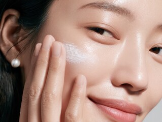 Asian woman with black hair, wearing white pearl earrings and applying cream to her face