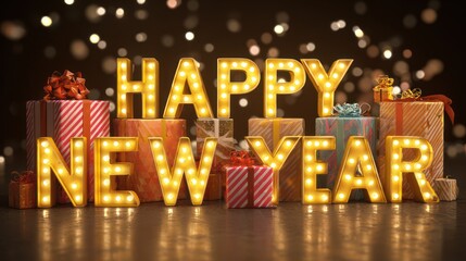 Happy New Year inscription made of vintage yellow lamps surrounded by bright holiday gifts of various sizes