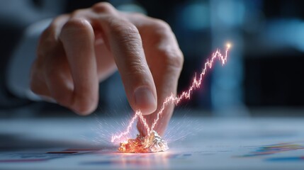 Economist hand stabilizing a predicted future trend point glowing above financial desk setup, dark clean office background