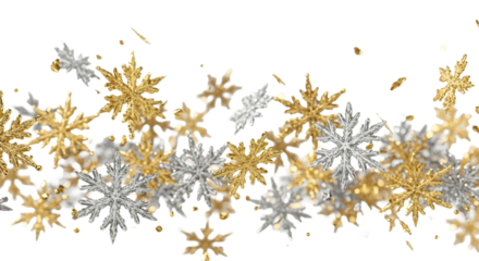 Intricate geometric snowflakes in metallic gold and matte silver-grey floating on a high-key transparent background with copy space and soft bokeh, concept of elegant luxury winter pattern