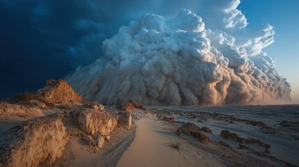 a huge and powerful disaster sandstorm in a desert land, massive clouds in the air
