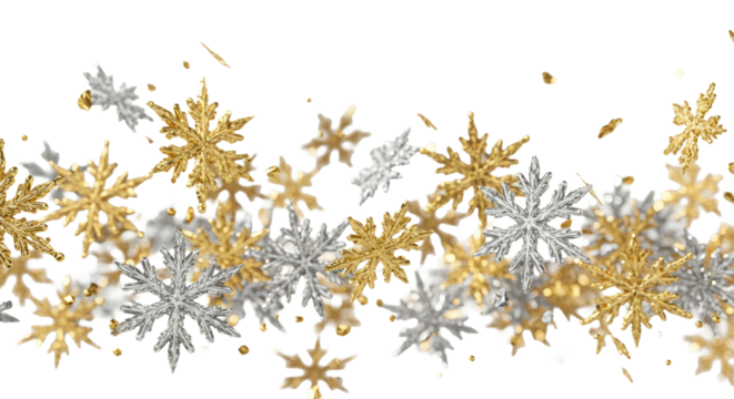 Intricate geometric snowflakes in metallic gold and matte silver-grey floating on a high-key transparent background with copy space and soft bokeh, concept of elegant luxury winter pattern - Powered by Adobe