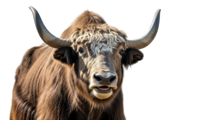 Yak Portrait with Horns on White Background