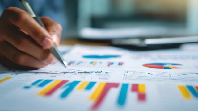 Detailed analysis of business performance using charts and graphs in an office setting with a focus on hand writing observations