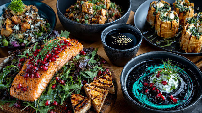 Top down view on freshly prepared delicious varieties of Mediterranean dishes on wooden table