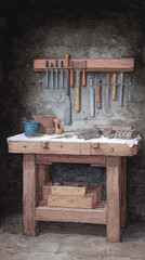 Explore the Intricacies of a Craftsman's Workbench: A Vintage Tool Assembly Showcasing Artisanal Craftsmanship and the Beauty of Handcrafted Projects