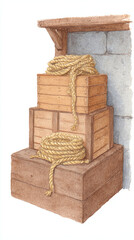 A Captivating Arrangement of Rustic Wooden Boxes and Coiled Rope, Perfect for Hobbies and Leisure Spaces, Enhancing Functionality and Aesthetic Appeal