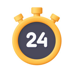 Yellow and black stopwatch with white number 24. 24 hours, countdown, timekeeping, delivery, customer support, time management and deadline concept. 3d vector icon. Cartoon minimal style.