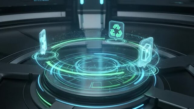 Digital display shows icons for growth recycling and packaging with a zero waste circular economy theme.