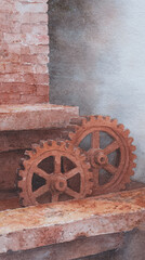 Exploring the Intricate Beauty of Industrial Gears in Watercolor: A Captivating Representation of Mechanics and Craftsmanship